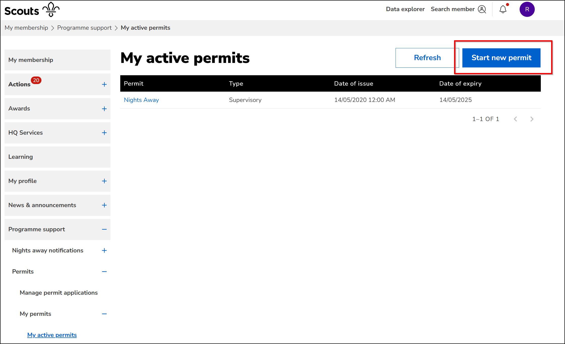 Screenshot of the My active permits page on the Scouts membership system, with the Start new permit button highlighted