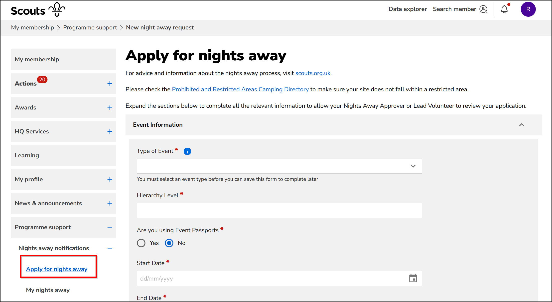 Screenshot of the Apply for nights away form on the Scouts membership system, reached from Programme support, then Nights away notifications, then Apply for nights away