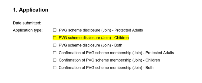 Section 1 of the paper PVG application form, with the option ‘PVG scheme disclosure (Join) – Children’ highlighted